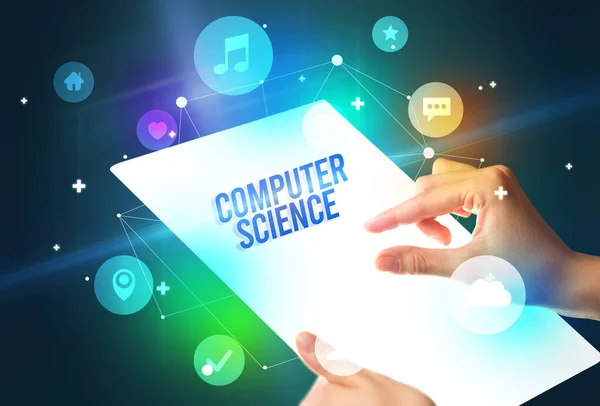 Trzymanie Futurystycznego Tabletu Napisem Computer Science Koncepcja Nowej Technologii — Zdjęcie stockowe