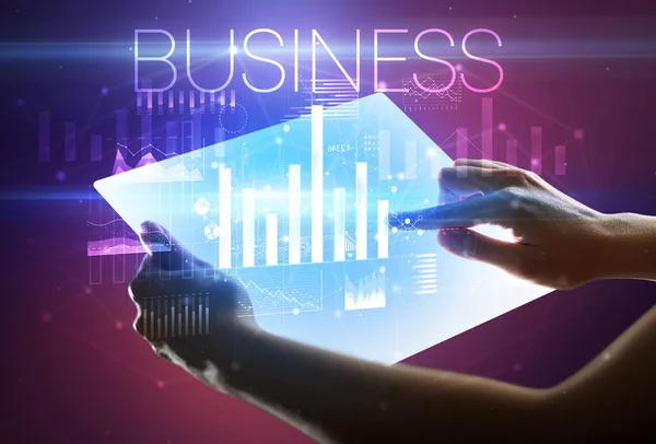 Hand Hält Futuristisches Tablet Mit Business Aufschrift Oben Modernes Geschäftskonzept — Stockfoto