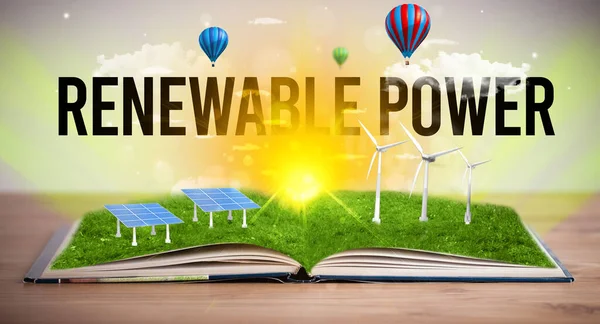 Offenes Buch Mit Renewable Power Inschrift Konzept Für Erneuerbare Energien — Stockfoto