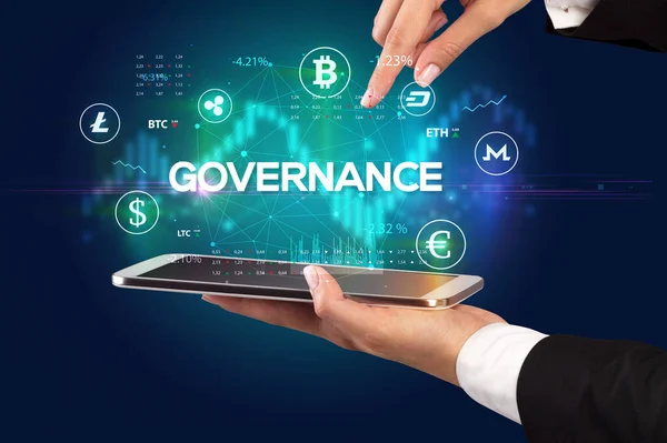 Close Touchscreen Governance Inscription Business Opportunity Concept — Stock Photo, Image