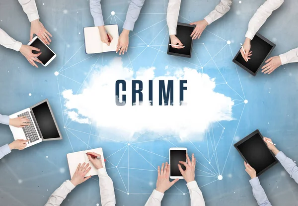 Skupina Lidí Kteří Mají Schůzku Nápisem Crime Koncepce Zabezpečení Webu — Stock fotografie