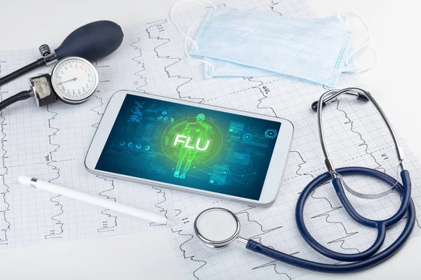 Tablet Doctor Tools Flu Inscription Coronavirus Concept — Stock Photo, Image