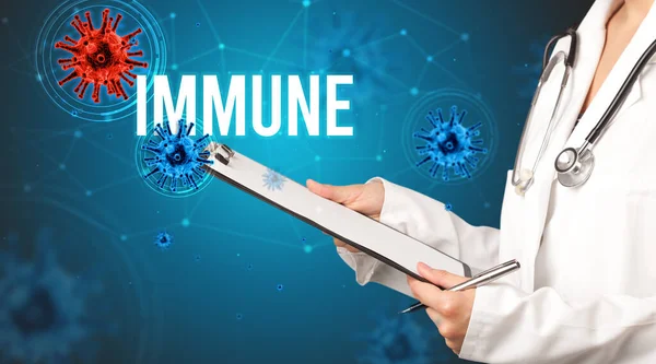 Médico Prescribe Una Prescripción Con Inscripción Inmune Concepto Pandémico — Foto de Stock