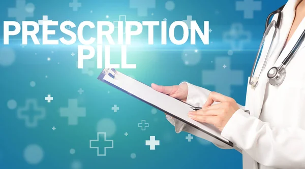 Doctor Writes Notes Clipboard Prescription Pill Inscription First Aid Concept — Stock Photo, Image