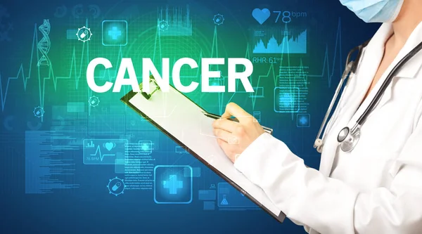 Young Doctor Writing Notes Cancer Inscription Healthcare Concept — Stock Photo, Image
