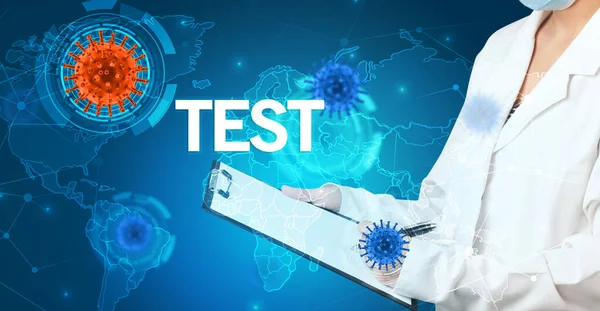 Doctor Fills Out Medical Record Test Inscription Virology Concept — Stock Photo, Image