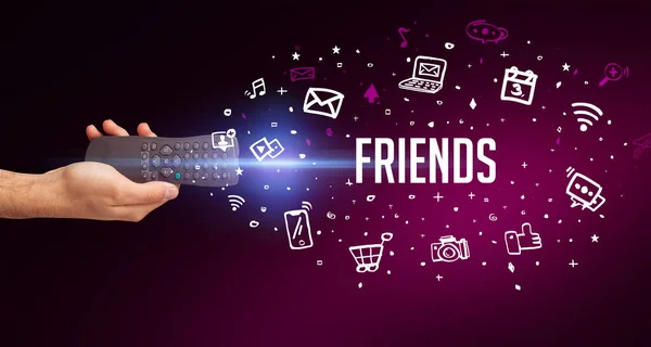 Hand Holding Wireless Peripheral Friends Inscription Social Media Concept — Stock Photo, Image