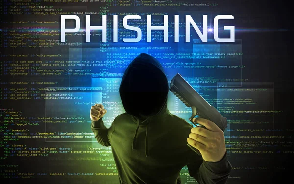 Pirata Informático Sin Rostro Con Inscripción Phishing Fondo Código Binario — Foto de Stock