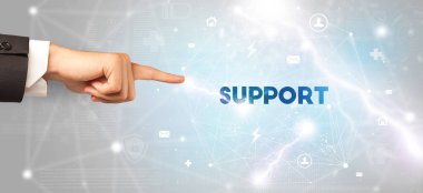 SUPPORT yazıtlarına el işareti, modern teknoloji konsepti