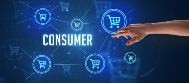 CONSUMER yazıtlarına, çevrimiçi alışveriş kavramına yakın çekim el işaretleri