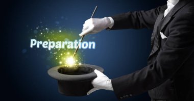 Sihirbaz, hazırlama yazıtları ve eğitim konseptiyle sihirbazlık numarası gösteriyor.