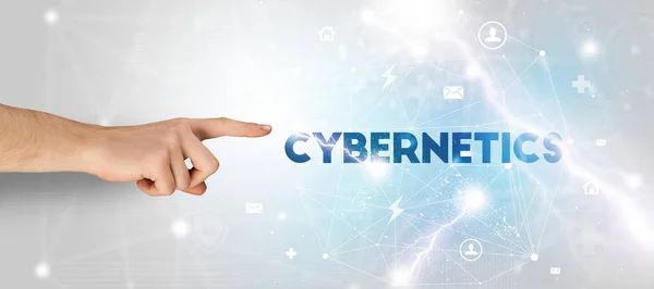 Mão Apontando Para Inscrição Cybernetics Conceito Tecnologia Moderna — Fotografia de Stock