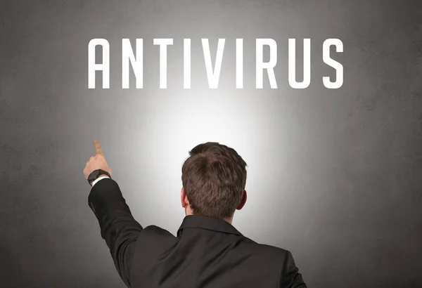 Visão Traseira Homem Negócios Com Inscrição Antivirus Conceito Segurança Cibernética — Fotografia de Stock