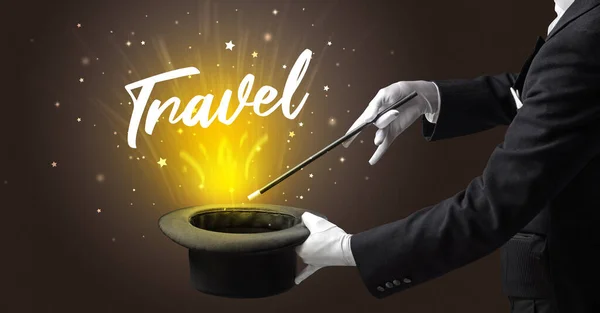 Magician Showing Magic Trick Travel Inscription Traveling Concept — Stock Photo, Image