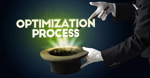 Illusionist Showing Magic Trick Optimization Process Inscription New Business Model — Stock Photo, Image