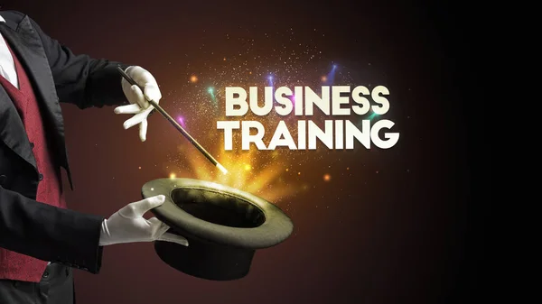 Illusionist Showing Magic Trick Business Training Inscription New Business Model — Stock Photo, Image