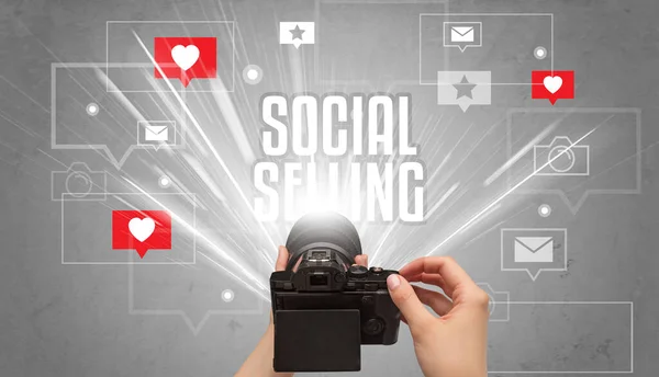 Close Hand Taking Photos Social Selling Inscription Social Media Concept — Stock Photo, Image