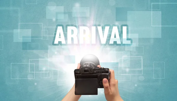 Close Hand Holding Digital Camera Arrival Inscription Traveling Concept — Stock Photo, Image