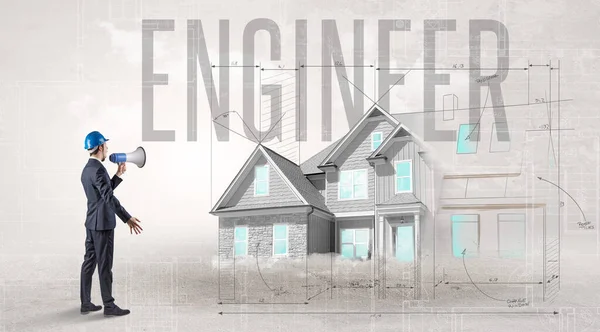 Young Engineer Holding Blueprint Engineer Inscription House Planning Concept — Stock Photo, Image