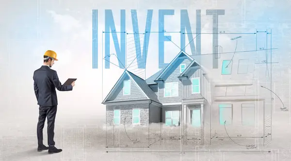 Young Engineer Holding Blueprint Invent Inscription House Planning Concept — Stock Photo, Image