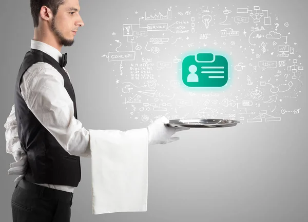 Close Waiter Serving Nameplate Icons Social Media Concept — Stock Photo, Image