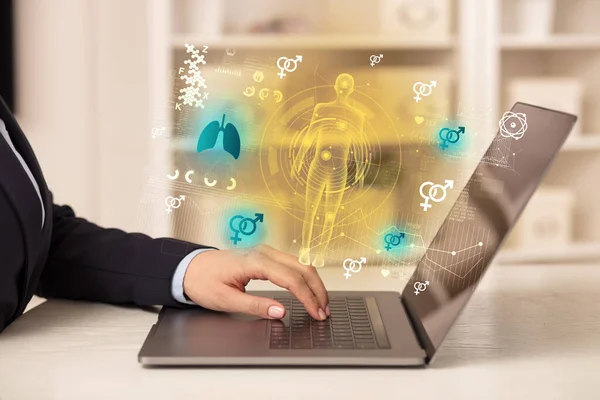 Doctor Working Laptop Lungs Icons Coming Out Healthcare Concept — Stock Photo, Image