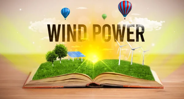 Open Boek Met Wind Power Inscriptie Concept Hernieuwbare Energie — Stockfoto