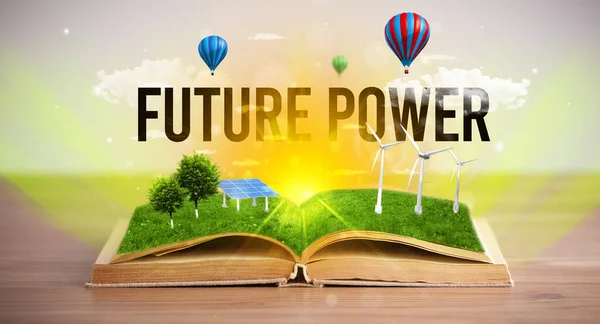 Nyitott Könyv Future Power Felirattal Megújuló Energia Koncepció — Stock Fotó