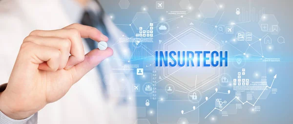 Doctor Giving Pill Insurtech Inscription New Technology Solution Concept — Stock Photo, Image