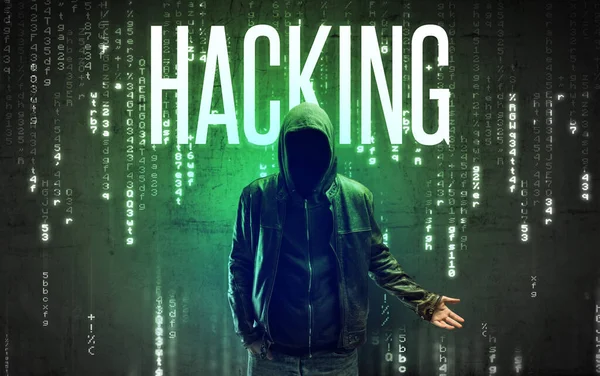 Gezichtloze Hacker Met Hacking Inscriptie Hacken Concept — Stockfoto