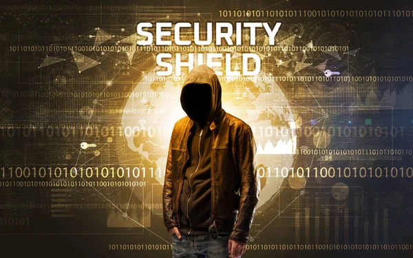 Faceless Hacker Work Security Shield Inscription Computer Security Concept — Stock Photo, Image