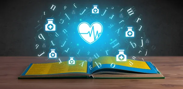 Open Medische Boek Met Ecg Pictogrammen Hierboven Global Health Concept — Stockfoto