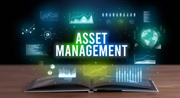 Asset Management Inscription Coming Out Open Book Creative Business Concept — Stock Photo, Image
