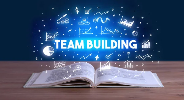 Team Building Inscrição Saindo Livro Aberto Conceito Negócio — Fotografia de Stock