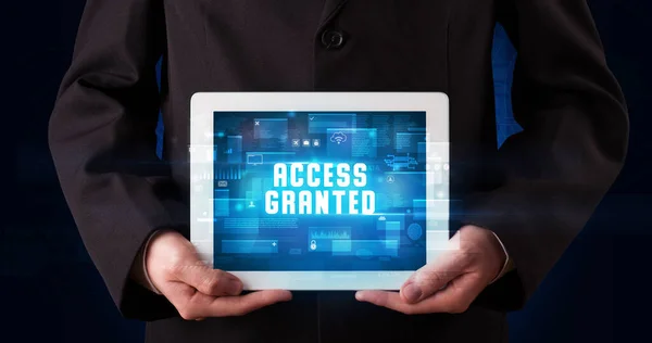 Young Business Person Working Tablet Shows Digital Sign Access Granted — Stock Photo, Image