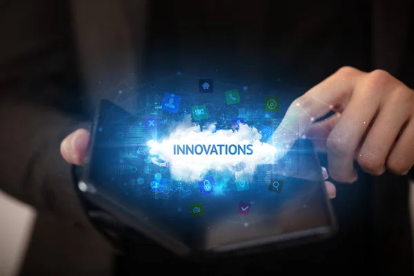 Businessman Holding Foldable Smartphone Innovations Inscription Technology Concept — Stock Photo, Image