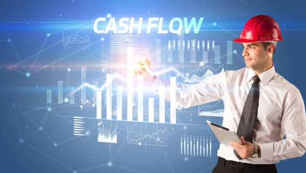 Schöner Geschäftsmann Mit Helm Zeichnung Cash Flow Inschrift Architektur Businessplan — Stockfoto