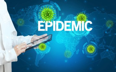 Doktor EPIDEMIC yazıtları ve viroloji konseptiyle tıbbi kayıtları doldurur.