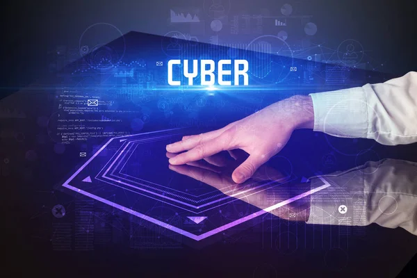 Hand Touching Digital Table Cyber Inscription New Age Security Concept — Stock Photo, Image