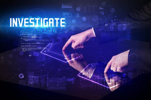 Hand Touching Digital Table Investigate Inscription New Age Security Concept — Stock Photo, Image