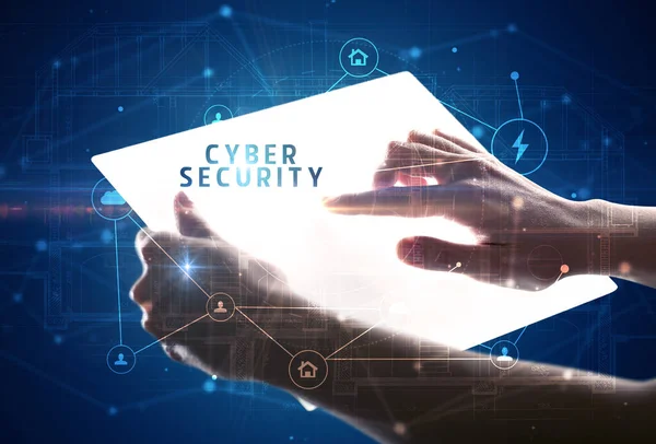 Tableta Futurista Con Inscripción Cyber Security Concepto Seguridad Cibernética —  Fotos de Stock