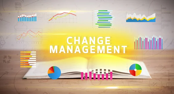 Livro Aberto Com Inscrição Change Management Novo Conceito Negócio — Fotografia de Stock