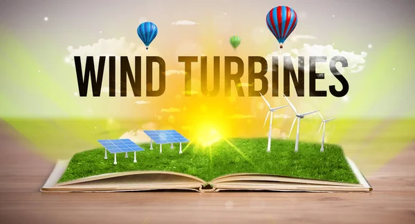 Open Boek Met Inscriptie Wind Turbines Concept Hernieuwbare Energie — Stockfoto