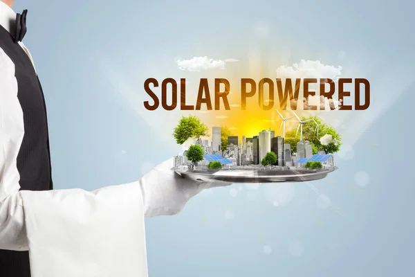 Waiter Serving Eco City Solar Powered Inscription Renewabke Energy Concept — Stock Photo, Image