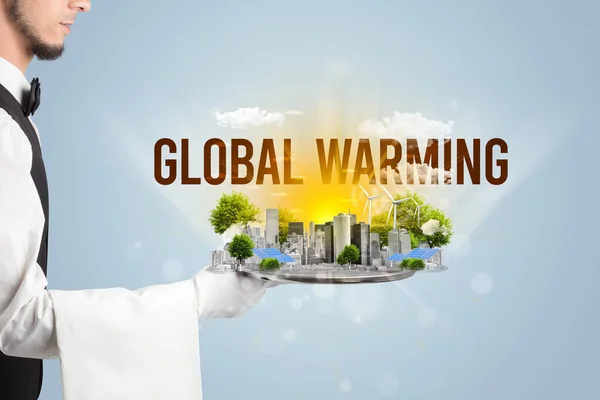 Garçom Servindo Eco Cidade Com Inscrição Warming Global Conceito Energia — Fotografia de Stock
