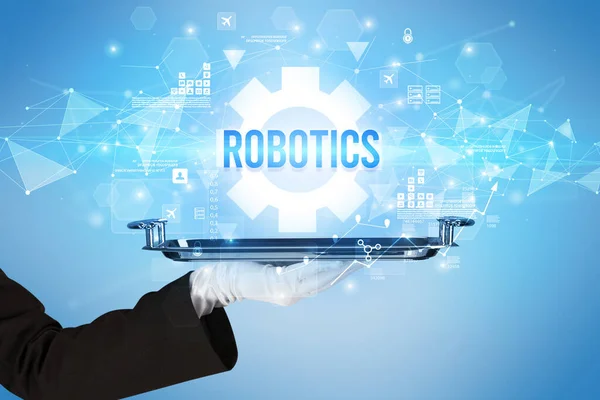 Tjener Betjener Teknologi Koncept Med Robotics Inskription - Stock-foto