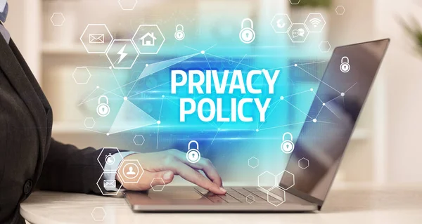PRIVACY POLICY inscription on laptop, internet security and data protection concept, blockchain and cybersecurity