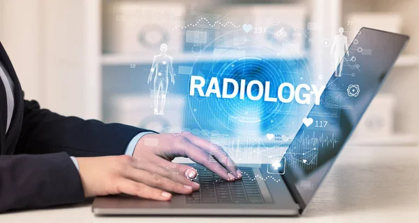 Doctor Working Health Check Radiology Inscription Recording Medical Test Results — Stock Photo, Image