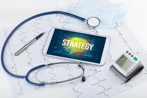 Tablet Medical Tools Strategy Inscription Social Distancing Concept — Stock Photo, Image