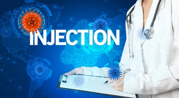 Doktor Tıbbi Kayıtları Injection Yazıtları Viroloji Konseptiyle Dolduruyor — Stok fotoğraf